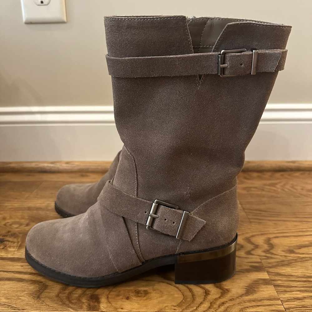 Vince Camuto Walley Taupe Suede Leather Buckle Zip Moto Mid Calf Biker Boots 6.5